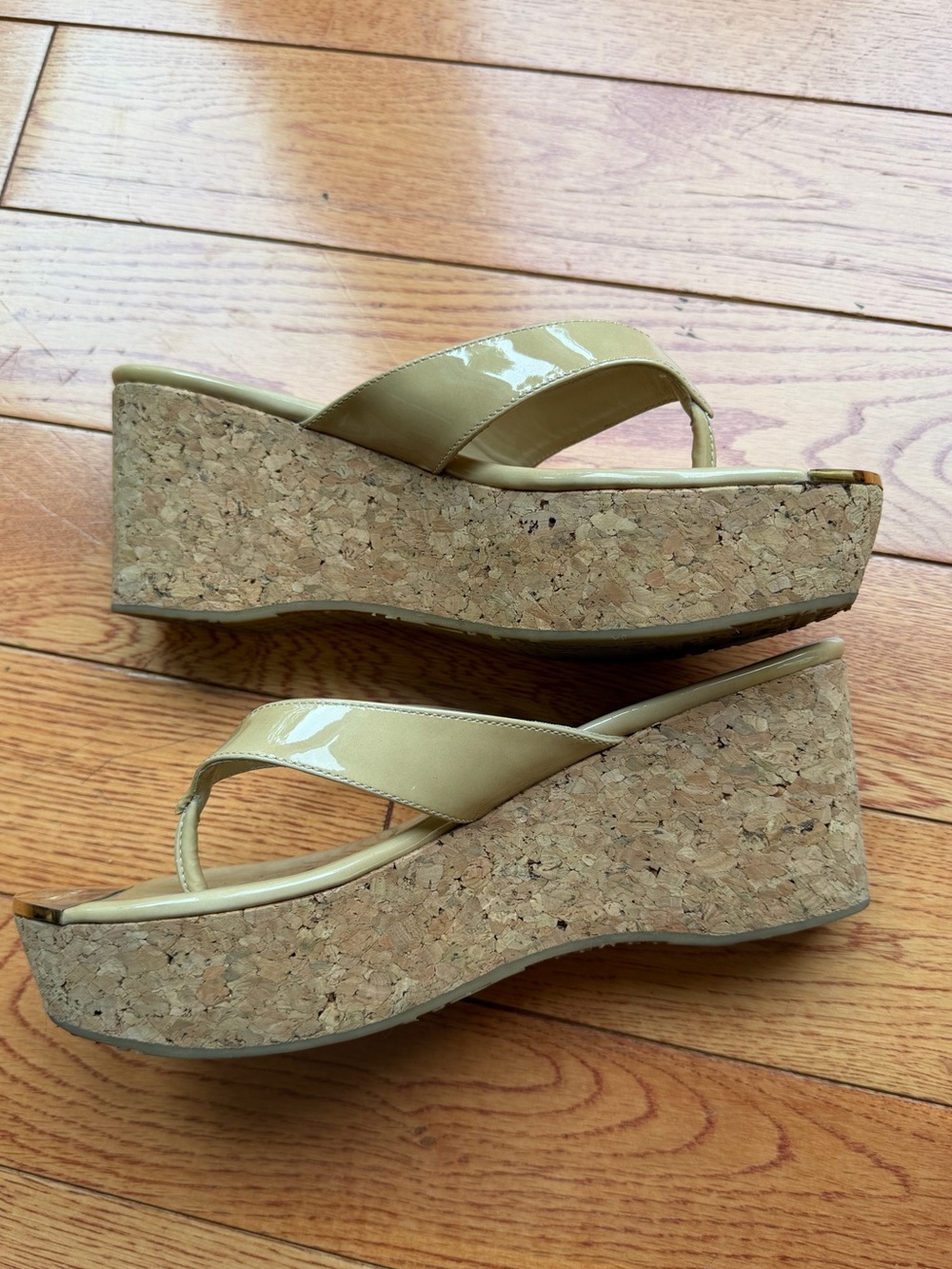 Jimmy Choo Pathos Patent Leather Cork Wedge Thong Sandal Size 38.5 (8)